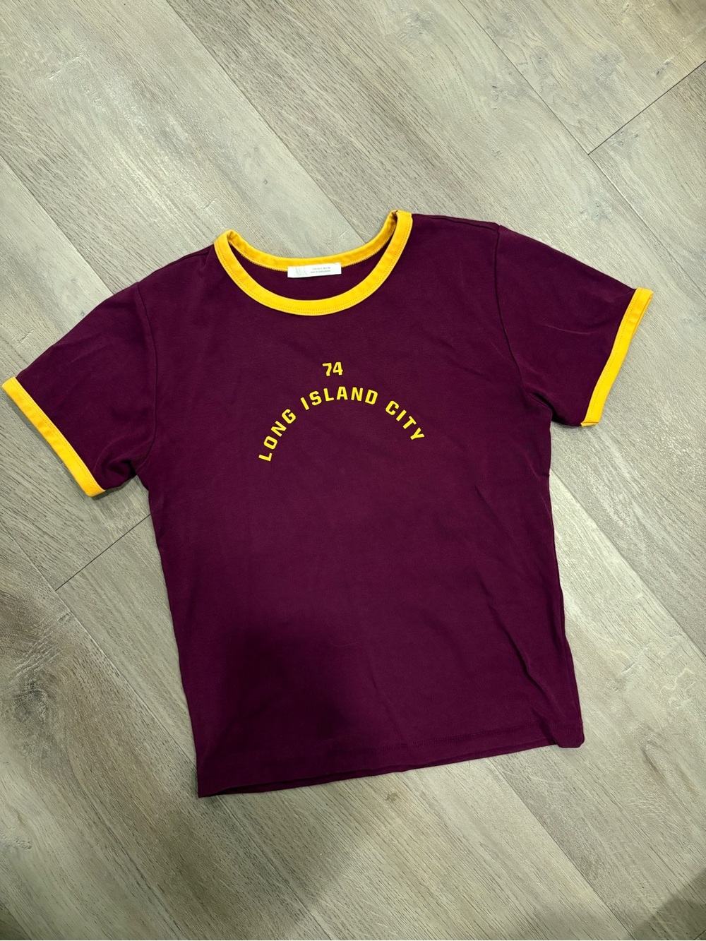NWT Zara Maroon women’s Ringer baby Tee with Yellow Trim